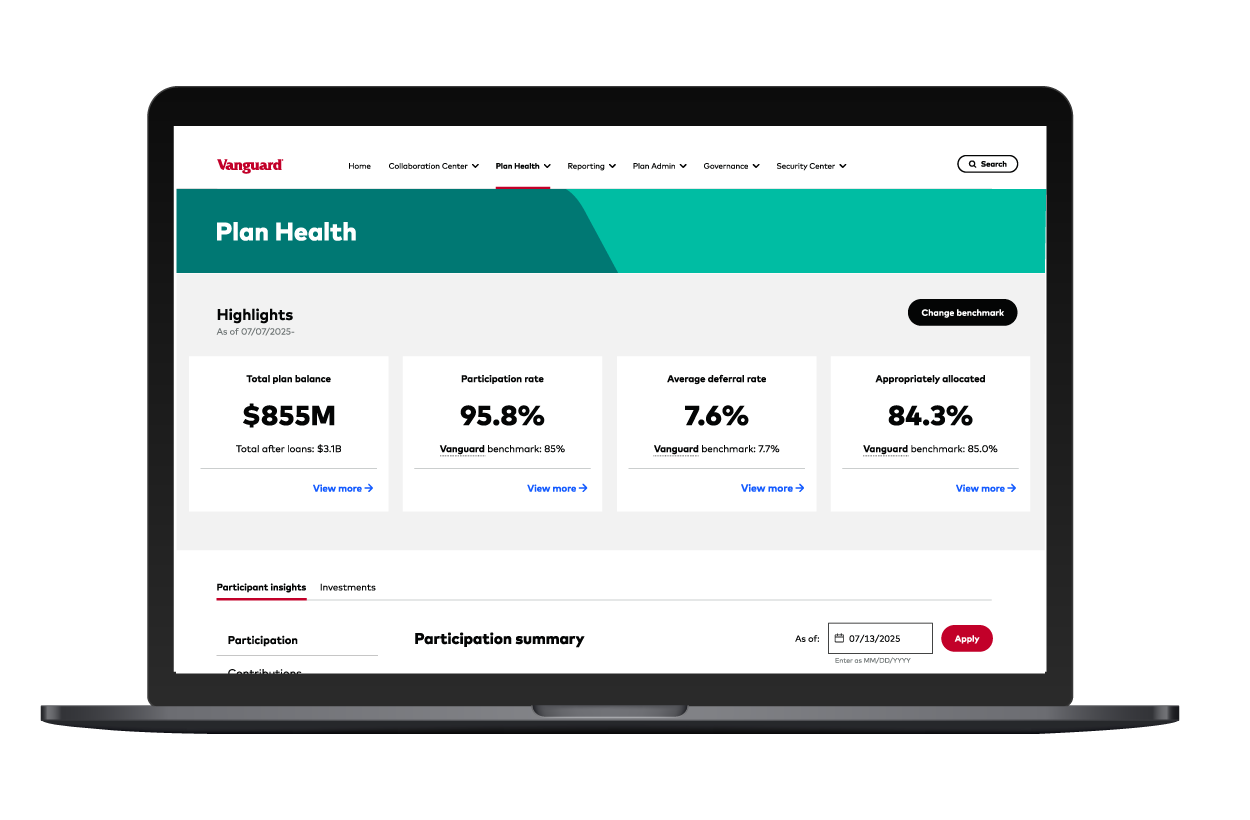 Open laptop screen displays the Vanguard Plan Health reporting in My Plan ManagerTM, including data for total plan balance, participation rate, average deferral rate, and percent appropriately allocated.