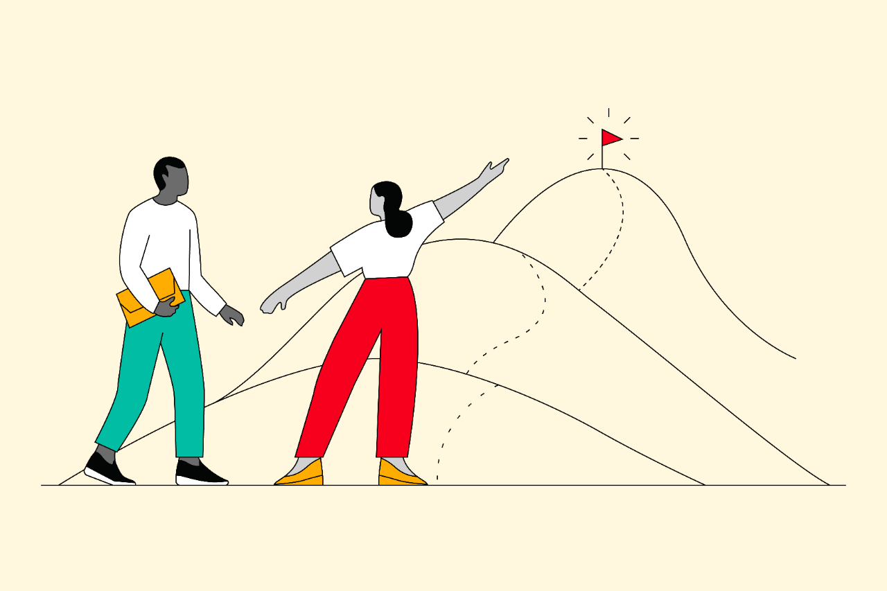 Two people pointing to hills with a red flag