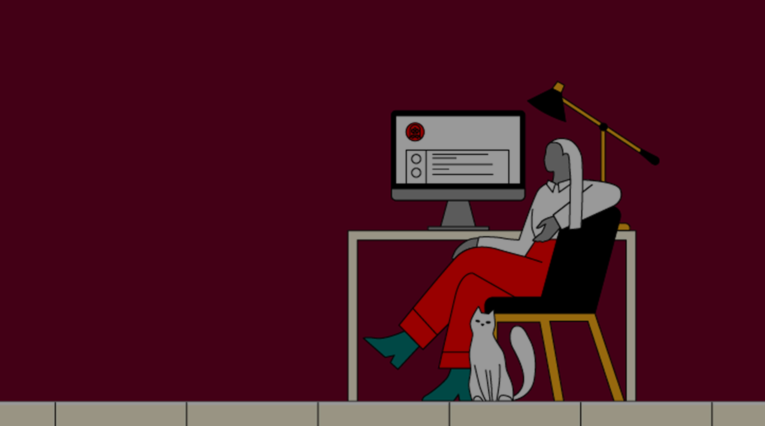 An illustration shows a participant sitting at their desk using Vanguard’s Retirement Savings Maximizer tool to better understand how to maximize savings in the most tax-advantaged way. The person’s cat sits at their feet.