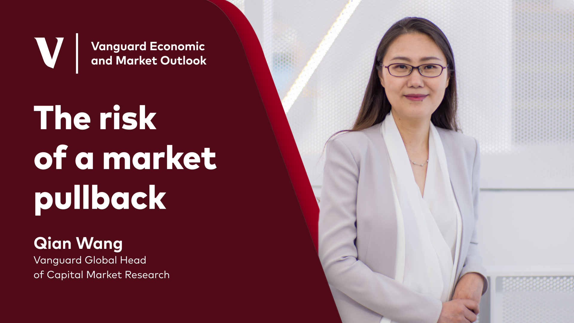 Qian Wang smiling with The risk of market pull back written in white font