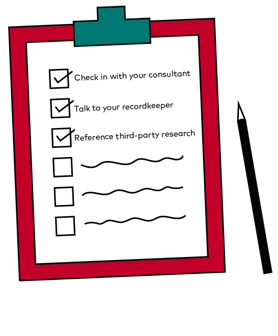 A checklist and pencil represent “Advice Guy-approved” tips for choosing an advice provider