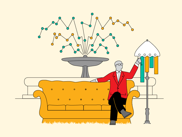 A person sitting on an over-stuffed couch reaches out to tug on a floor lap’s pull chain. The shag carpet beneath the couch and the person’s feet is deep and thick, evocative of homes of the 1960s and ‘70s.