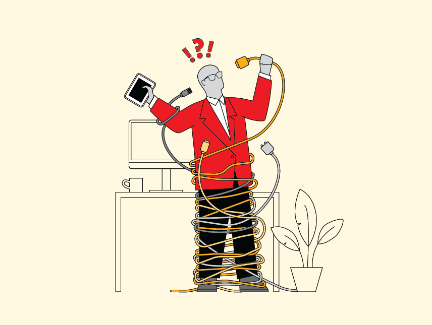 An illustration of the Advice Guy standing in front of a computer desk, feeling confused as he holds up a tablet and wrestles with unruly wires and adapters of different types wrapped around him.