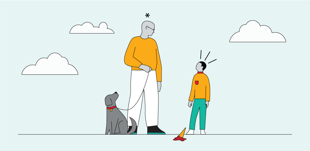 A parent and child standing outside with their dog react to a dropped ice cream cone on the ground beside them.