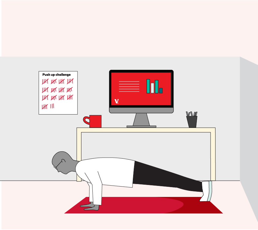 An illustration of Evan doing pushups in his cube at work. On a whiteboard, he has tracked how many pushups he’s done.