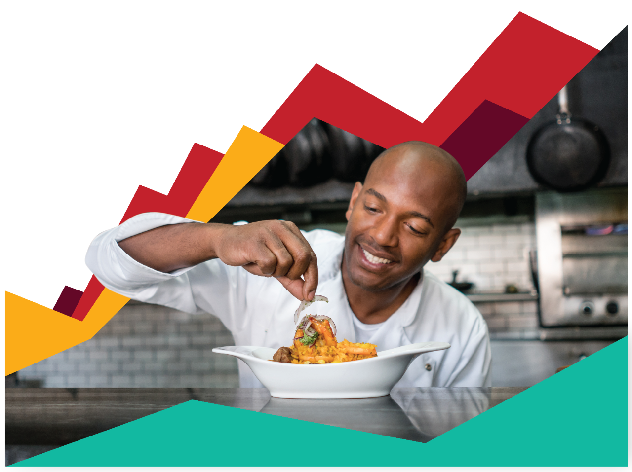 A photo of a chef superimposed over an illustrated chart. The chef is putting the finishing touches on a plate of food.