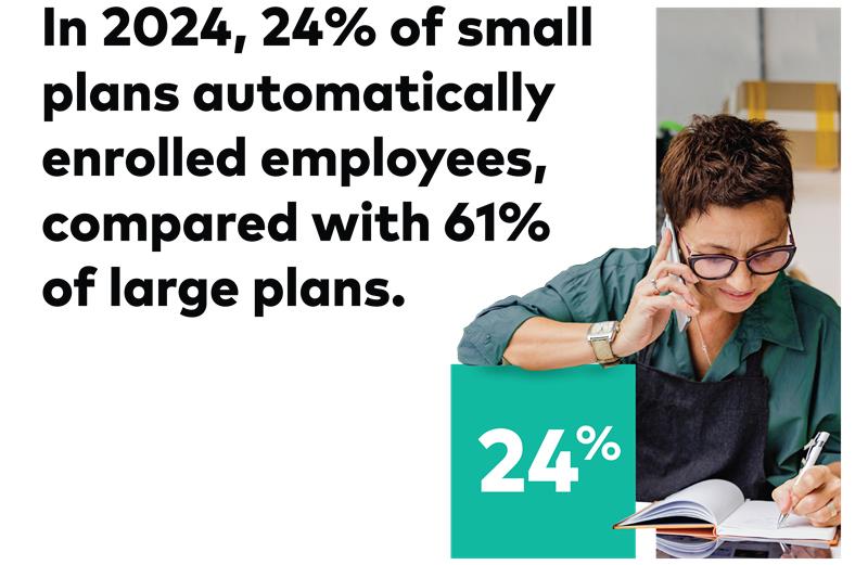 A photo of a person on the phone writing in a notebook inside an illustrated statistic that says 24% of small-business retirement plans offered automatic enrollment in 2024, compared with the 61% of large plans that offered it.