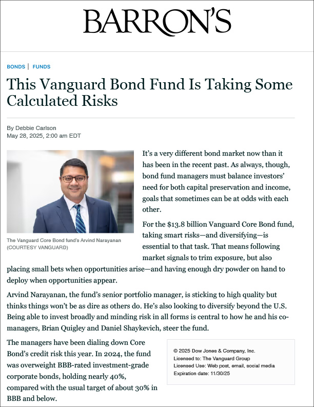Barron's article: "This Vanguard Bond Fund Is Taking Some Calculated Risks." Image includes the Barron's logo, title, author, date, and a photo of Arvind Narayanan of Vanguard.