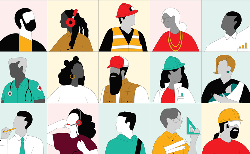 A grid of illustrative portraits that shows people in different life circumstances and jobs, with some holding tools of their trade. The grid has four horizontal rows and six vertical rows for a total of 24 portraits. 