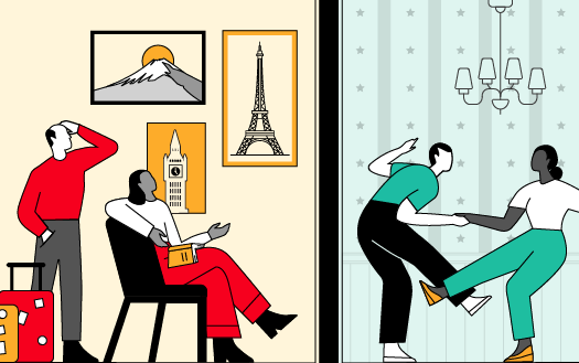 Side-by-side illustrations of two couples. The couple on the left are in a room adorned with travel posters of Mount Fuji, the Eiffel Tower, and Big Ben. One individual, standing next to a set of luggage, appears visibly stressed. The couple on the right are in a room dancing.