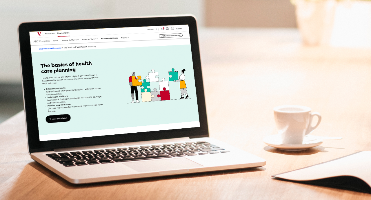  A laptop computer with a screen showing a web article with a headline that reads "The basics of health care planning.