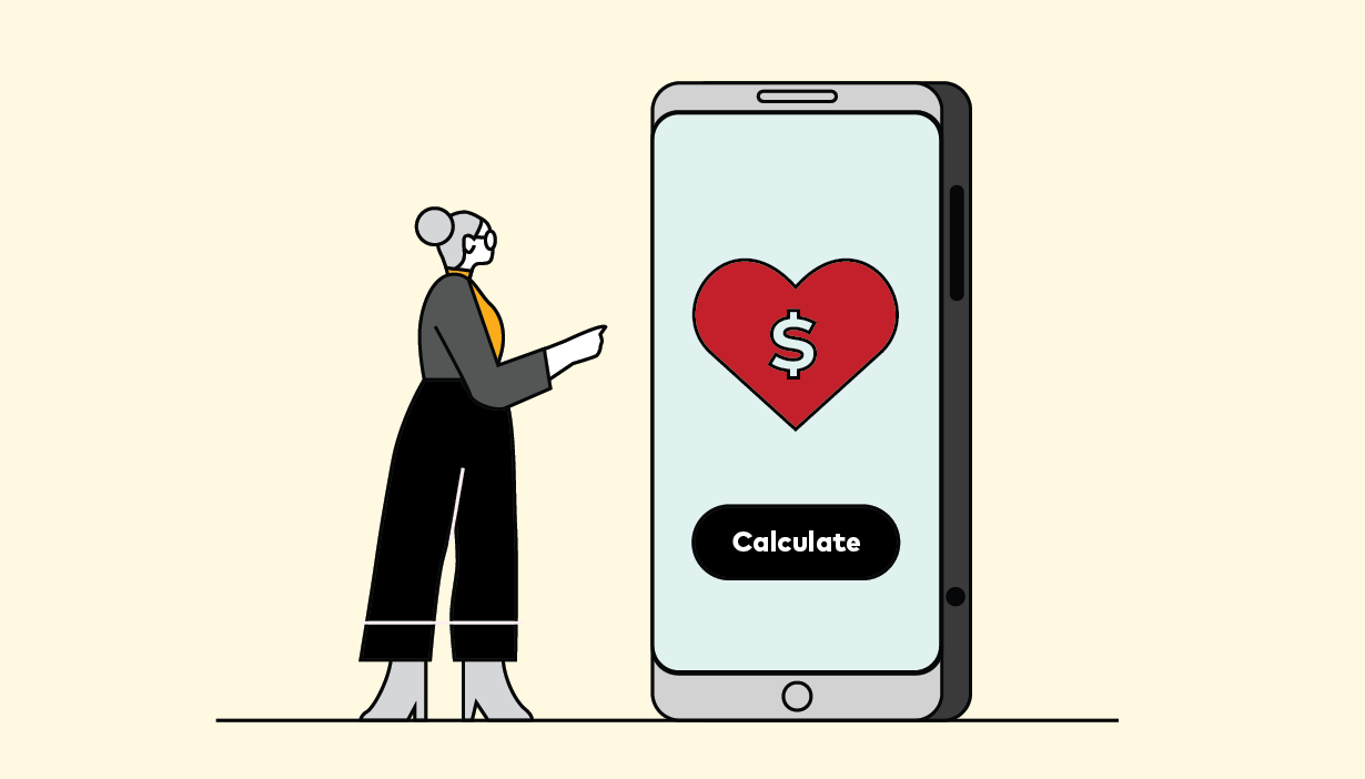 A person looks at a large cellphone screen showing a dollar sign inside a heart. A button below the heart reads "Calculate."