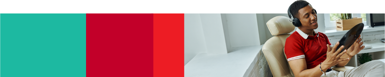 An illustrative data bar stretches across the page. It is segmented into random chunks of data represented by different colors. The segment at the end of the bar contains a photo of a person wearing headphones looking at a record album.