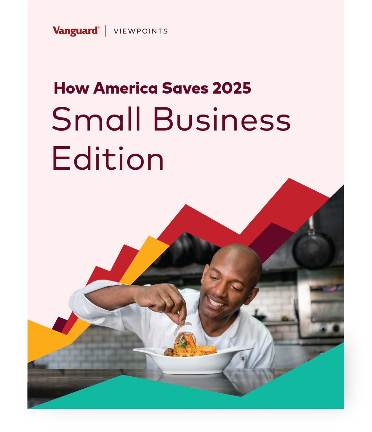 A thumbnail image of the cover of How America Saves 2025: Small Business Edition. It features a photo of a chef superimposed over an illustrated chart. The chef is putting the finishing touches on a plate of food.