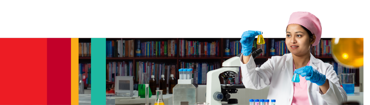A photo of a person in a chemistry lab is examining liquid in beakers. They stand next to an illustrated bar graph.