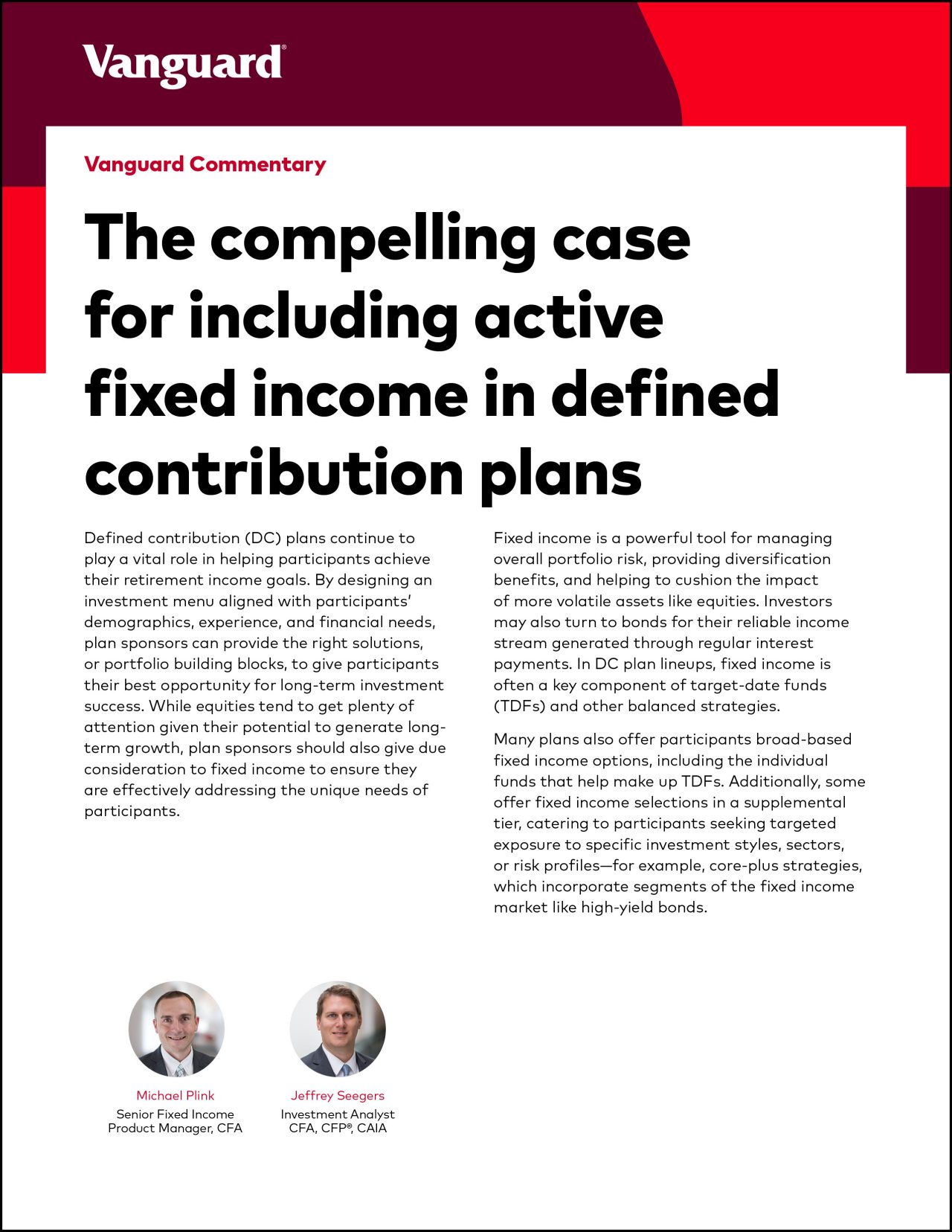 The compelling case for including active fixed income in defined contribution plans." Image shows summary text, key takeaways, and notes.